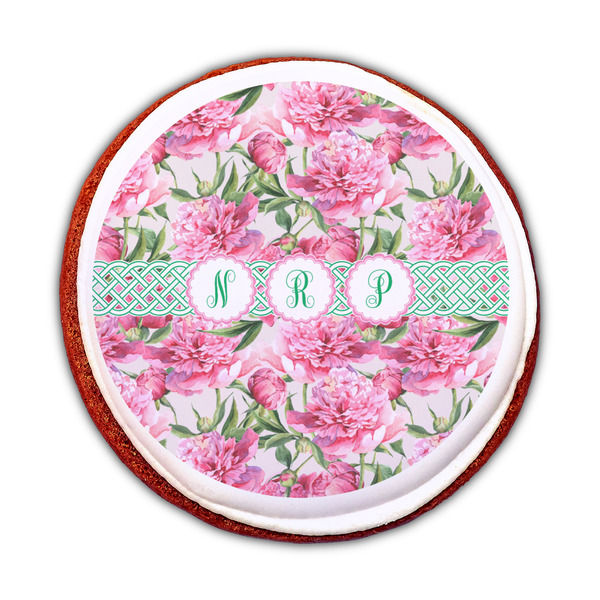 Watercolor Peonies Printed Icing Circle - Medium - On Cookie