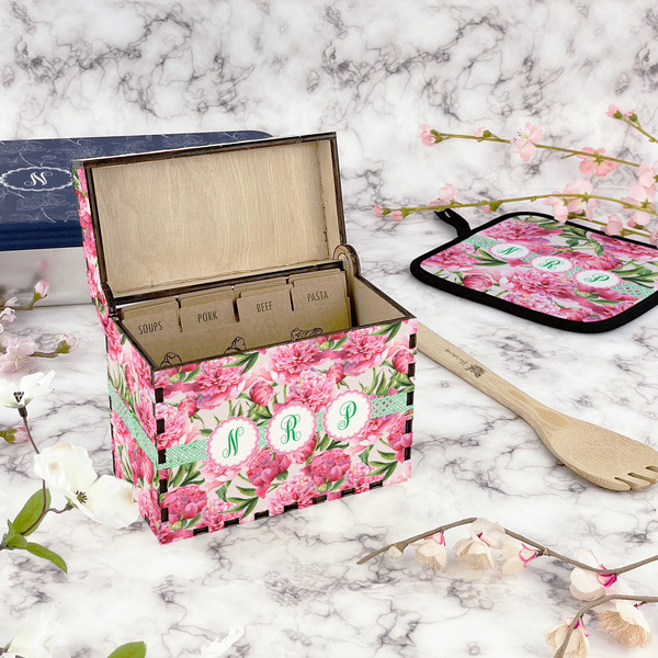 Watercolor Peonies Recipe Box - Full Color - In Context
