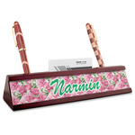 Watercolor Peonies Red Mahogany Nameplate with Business Card Holder (Personalized)