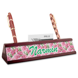 Watercolor Peonies Red Mahogany Nameplate with Business Card Holder (Personalized)
