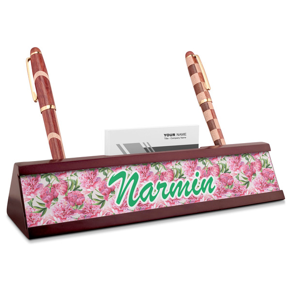 Custom Watercolor Peonies Red Mahogany Nameplate with Business Card Holder (Personalized)