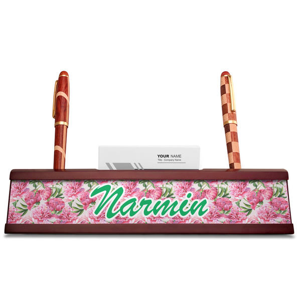 Watercolor Peonies Red Mahogany Nameplates with Business Card Holder - Straight
