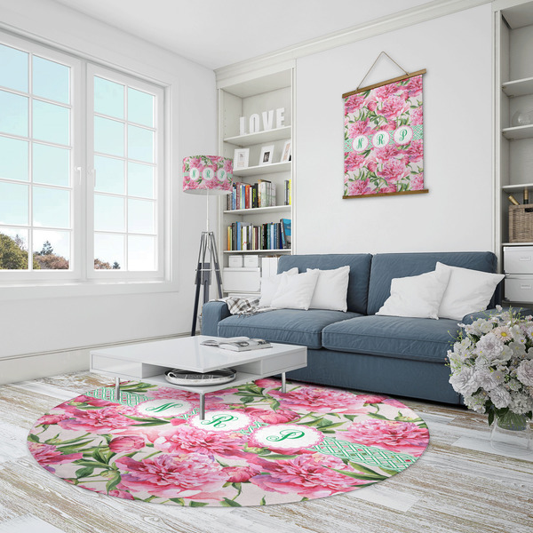 Watercolor Peonies Round Area Rug - IN CONTEXT