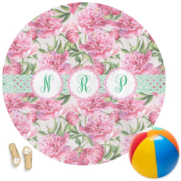 Custom Watercolor Peonies Round Beach Towel (Personalized)