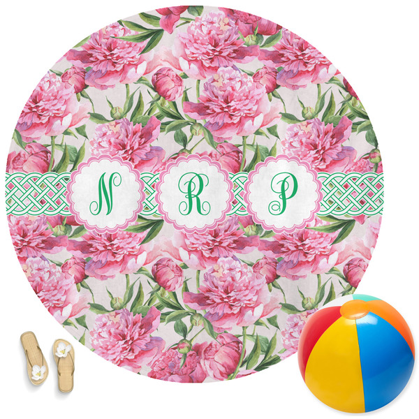 Custom Watercolor Peonies Round Beach Towel (Personalized)