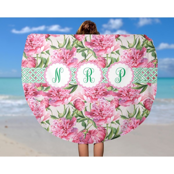 Watercolor Peonies Round Beach Towel - In Use