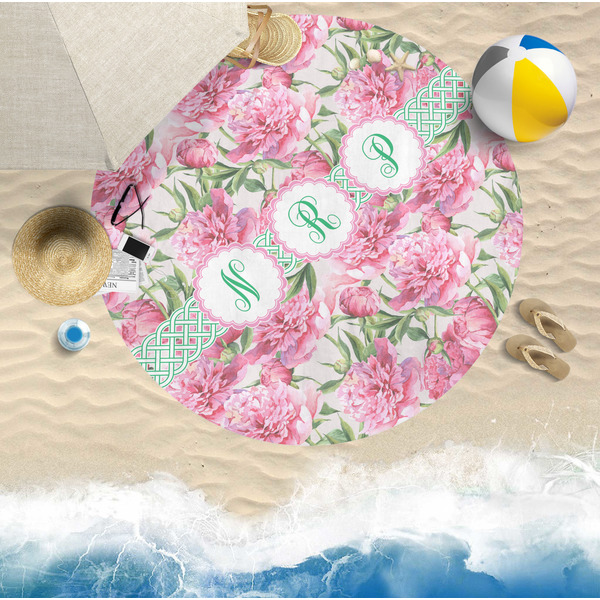Watercolor Peonies Round Beach Towel Lifestyle