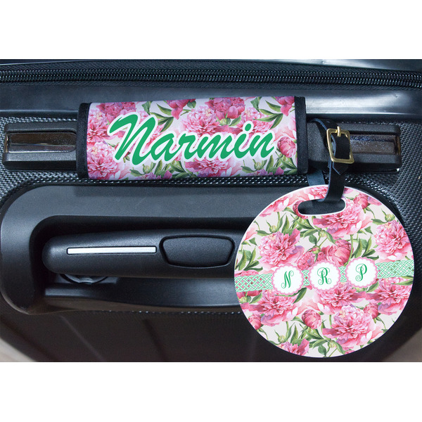 Watercolor Peonies Round Luggage Tag & Handle Wrap - In Context