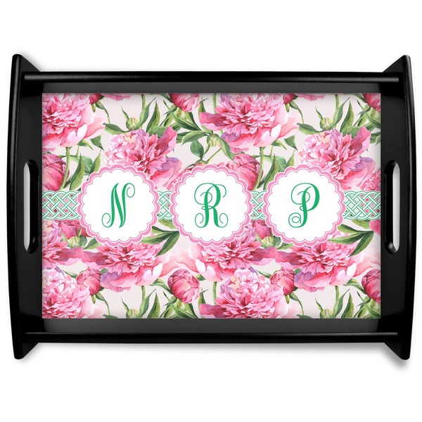 Custom Watercolor Peonies Black Wooden Tray - Large (Personalized)
