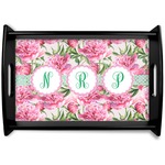 Watercolor Peonies Black Wooden Tray - Small (Personalized)