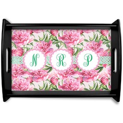Watercolor Peonies Black Wooden Tray - Small (Personalized)