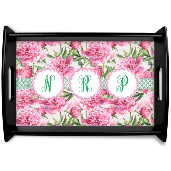Custom Watercolor Peonies Black Wooden Tray - Small (Personalized)