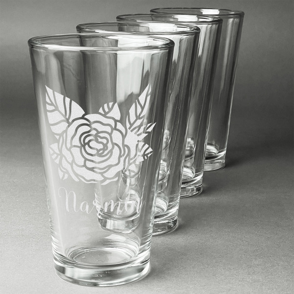 Custom Watercolor Peonies Pint Glasses - Engraved (Set of 4) (Personalized)