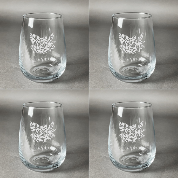 Watercolor Peonies Set of Four Personalized Stemless Wineglasses (Approval)