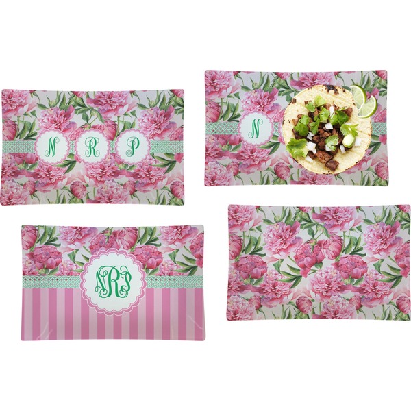 Custom Watercolor Peonies Set of 4 Glass Rectangular Lunch / Dinner Plate (Personalized)