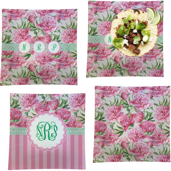 Custom Watercolor Peonies Set of 4 Glass Square Lunch / Dinner Plate 9.5" (Personalized)