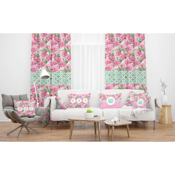 Watercolor Peonies Sheer and Custom Curtains in Room with Matching Pillows