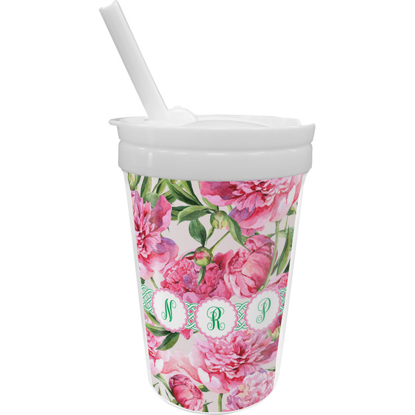 Custom Watercolor Peonies Sippy Cup with Straw (Personalized)