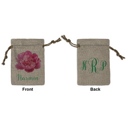 Watercolor Peonies Small Burlap Gift Bag - Front & Back (Personalized)