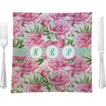 Watercolor Peonies Glass Square Lunch / Dinner Plate 9.5" (Personalized)