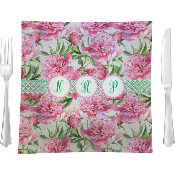 Custom Watercolor Peonies 9.5" Glass Square Lunch / Dinner Plate- Single or Set of 4 (Personalized)