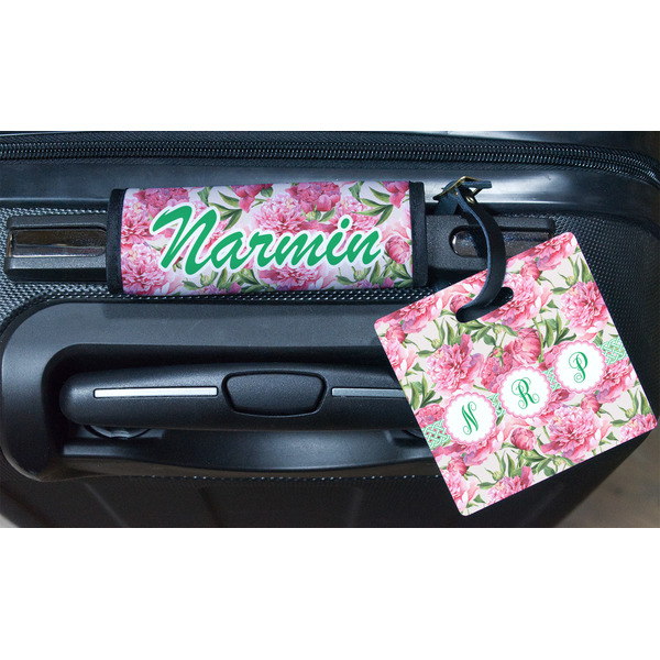 Watercolor Peonies Square Luggage Tag & Handle Wrap - In Context