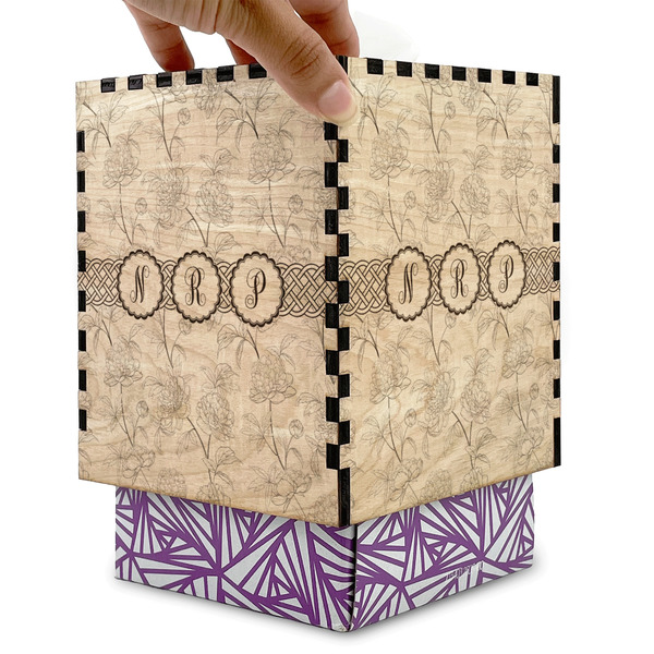 Watercolor Peonies Square Tissue Box Covers - Wood - with box