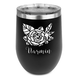 Watercolor Peonies Stemless Stainless Steel Wine Tumbler - Black - Double Sided (Personalized)