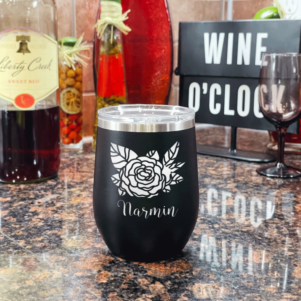 Watercolor Peonies Stainless Wine Tumblers - Black - Double Sided - In Context