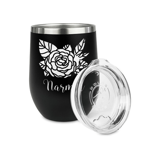 Watercolor Peonies Stainless Wine Tumblers - Black - Single Sided - Alt View