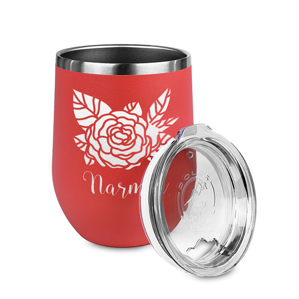 Watercolor Peonies Stainless Wine Tumblers - Coral - Double Sided - Alt View