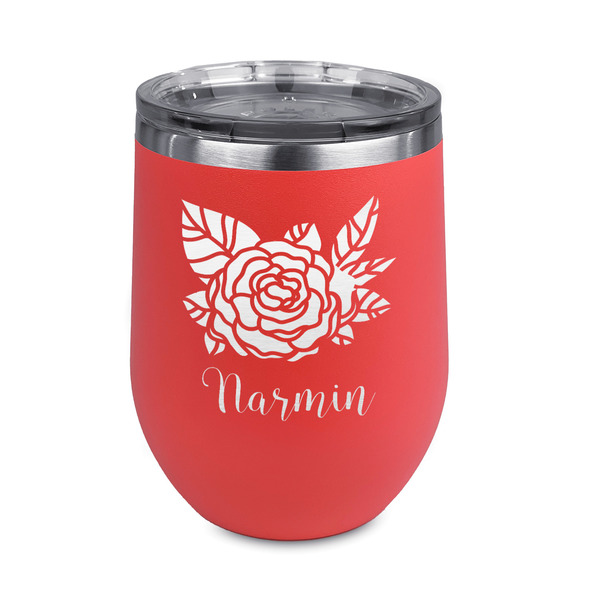 Custom Watercolor Peonies Stemless Stainless Steel Wine Tumbler - Coral - Double Sided (Personalized)
