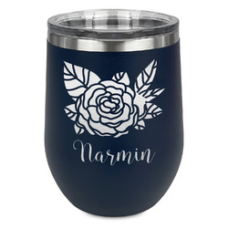 Watercolor Peonies Stemless Stainless Steel Wine Tumbler - Navy - Double Sided (Personalized)