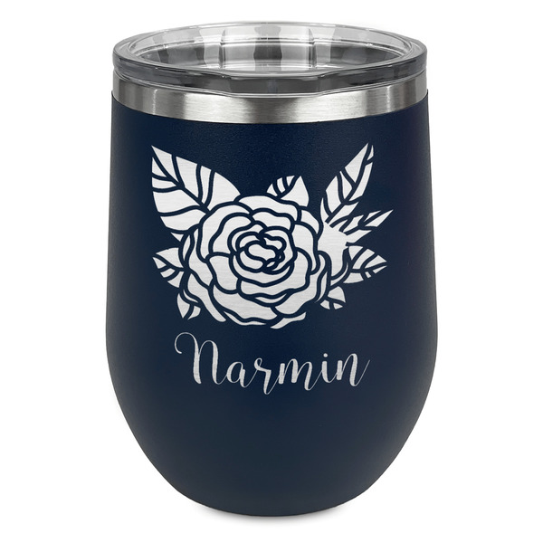 Custom Watercolor Peonies Stemless Stainless Steel Wine Tumbler - Navy - Single Sided (Personalized)