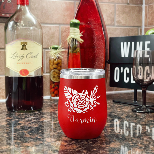 Watercolor Peonies Stainless Wine Tumblers - Red - Single Sided - In Context