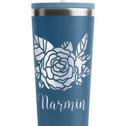 Watercolor Peonies RTIC Everyday Tumbler with Straw - 28oz - Steel Blue - Double-Sided (Personalized)