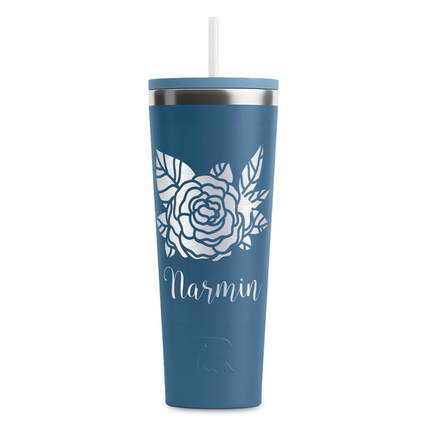 Custom Watercolor Peonies RTIC Everyday Tumbler with Straw - 28oz - Steel Blue - Double-Sided (Personalized)