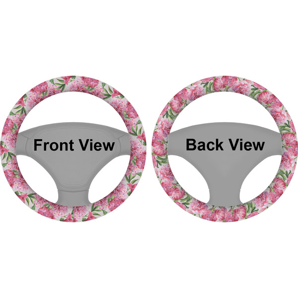 Watercolor Peonies Steering Wheel Cover- Front and Back