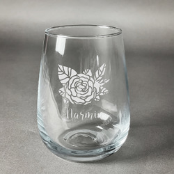 Watercolor Peonies Stemless Wine Glass - Engraved (Personalized)