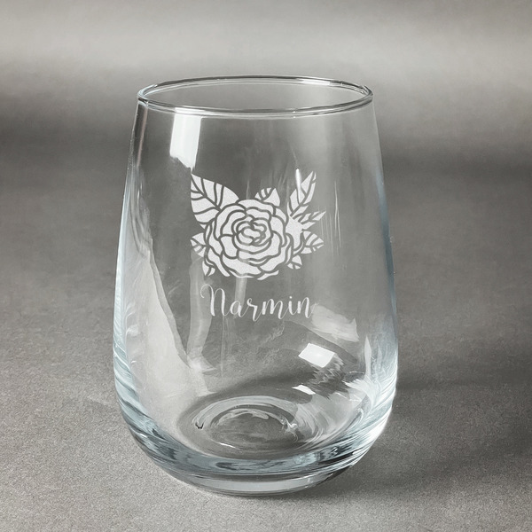 Custom Watercolor Peonies Stemless Wine Glass (Single) (Personalized)