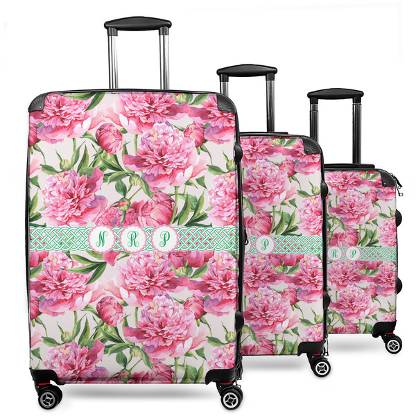 Custom Watercolor Peonies 3 Piece Luggage Set - 20" Carry On, 24" Medium Checked, 28" Large Checked (Personalized)