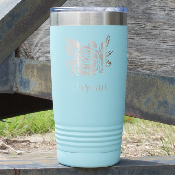Custom Watercolor Peonies 20 oz Stainless Steel Tumbler - Teal - Single Sided (Personalized)