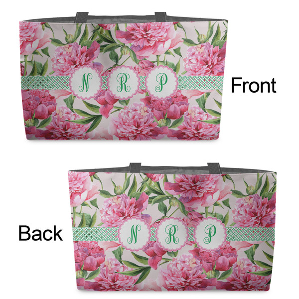 Watercolor Peonies Tote w/Black Handles - Front & Back Views