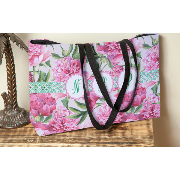 Watercolor Peonies Tote w/Black Handles - Lifestyle View