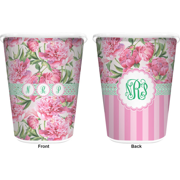 Watercolor Peonies Trash Can White - Front and Back - Apvl