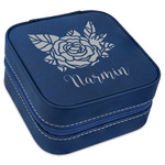 Watercolor Peonies Travel Jewelry Box - Navy Blue Leather (Personalized)