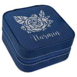 Watercolor Peonies Travel Jewelry Box - Navy Blue Leather (Personalized)