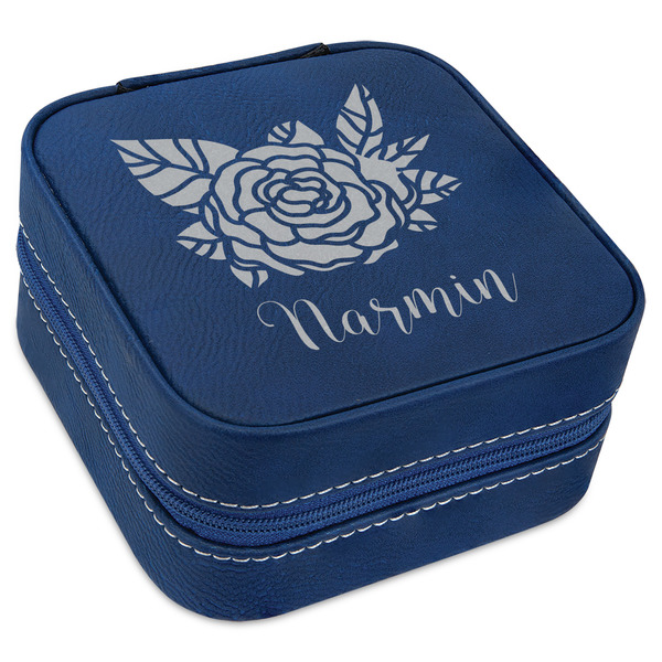 Custom Watercolor Peonies Travel Jewelry Box - Navy Blue Leather (Personalized)