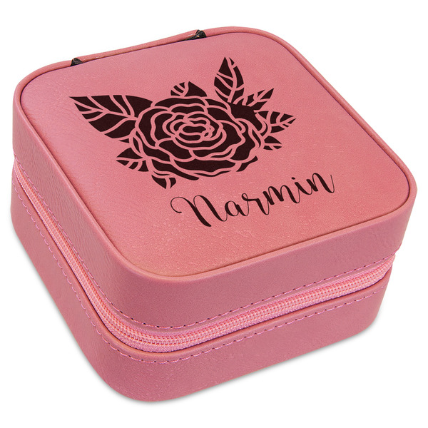 Custom Watercolor Peonies Travel Jewelry Boxes - Pink Leather (Personalized)