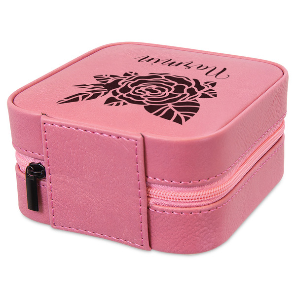 Watercolor Peonies Travel Jewelry Boxes - Leather - Pink - View from Rear